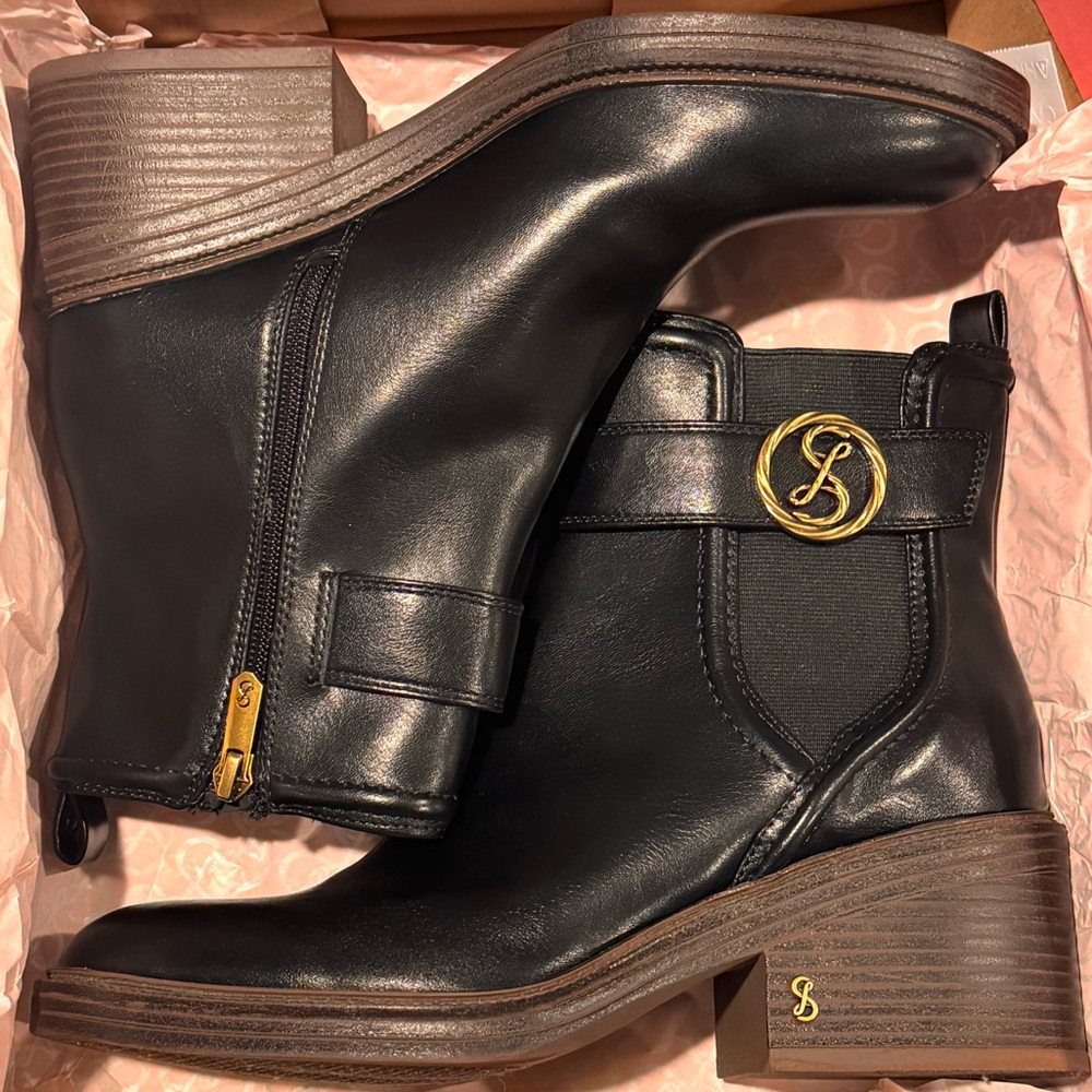 Black Leather Ankle Boots with Gold Accent